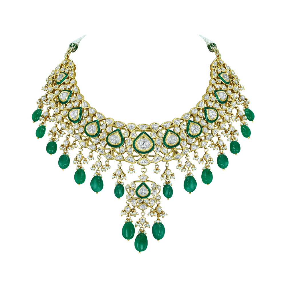 Pear Shaped Polki Choker with Emerald Drops and Cascading Design